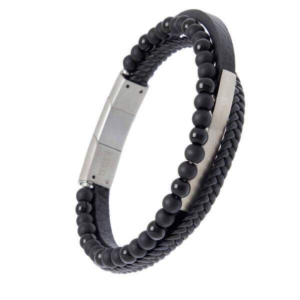Siyah Deri - Çelik Erkek Bileklik - E1BLK0410414-D62 - 2