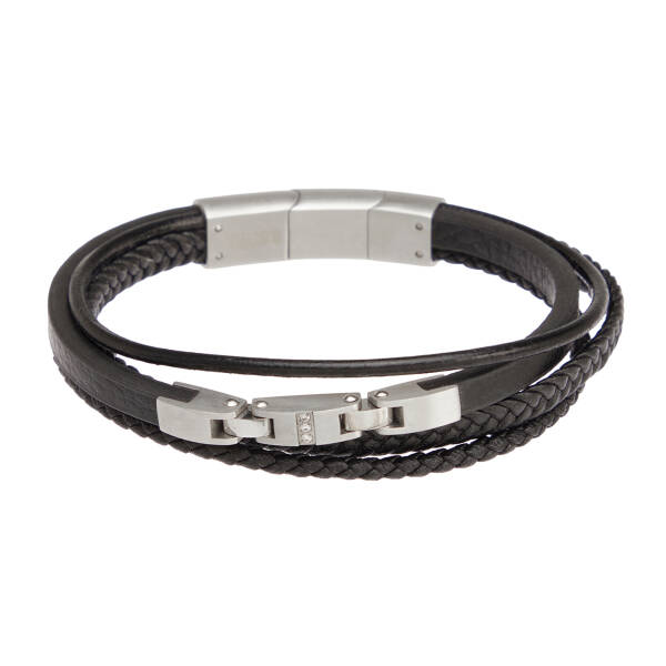 Siyah Deri - Çelik Erkek Bileklik - E1BLK0410417-U0P - 1