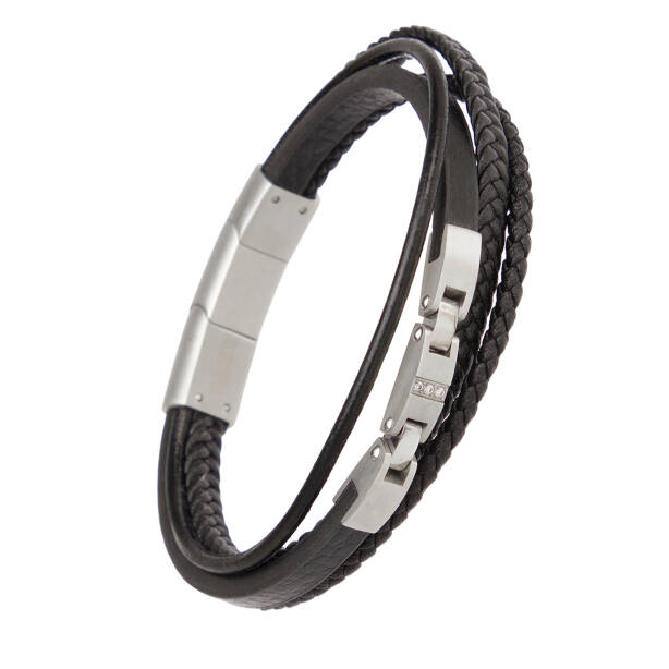 Siyah Deri - Çelik Erkek Bileklik - E1BLK0410417-U0P - 2