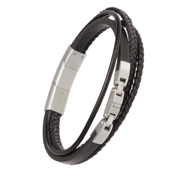 Siyah Deri - Çelik Erkek Bileklik - E1BLK0410417-U0P - 2