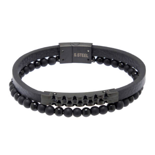 Siyah Deri - Çelik Erkek Bileklik - E1BLK0410430-P1Q - 1