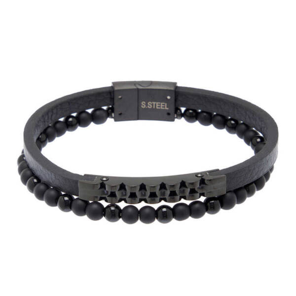 Siyah Deri - Çelik Erkek Bileklik - E1BLK0410430-P1Q - 1