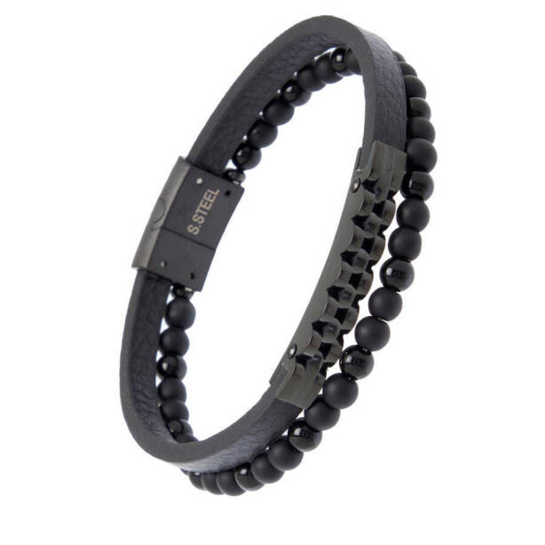 Siyah Deri - Çelik Erkek Bileklik - E1BLK0410430-P1Q - 2