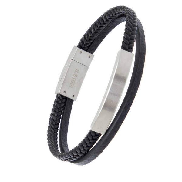 Siyah Deri - Çelik Erkek Bileklik - E1BLK0410441-U0P - 2