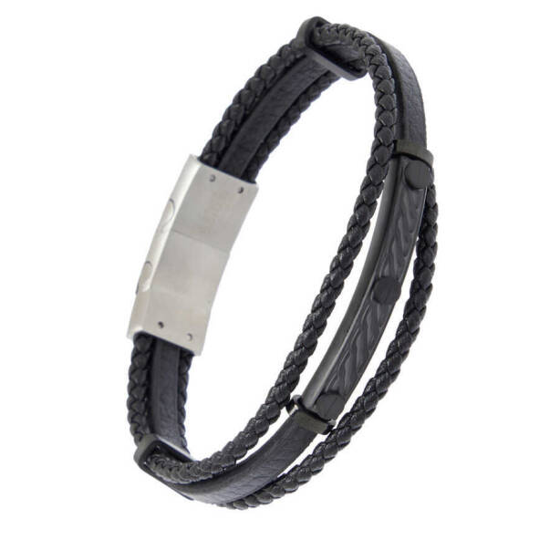 Siyah Deri - Çelik Erkek Bileklik - E1BLK0410442-U3T - 2