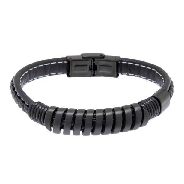 Siyah Deri - Çelik Erkek Bileklik - E1BLK0410444-P1Q 