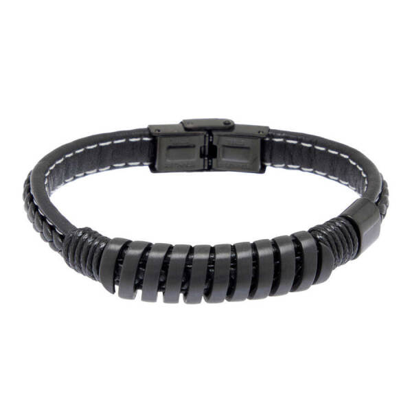 Siyah Deri - Çelik Erkek Bileklik - E1BLK0410444-P1Q - 1