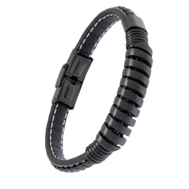 Siyah Deri - Çelik Erkek Bileklik - E1BLK0410444-P1Q - 2