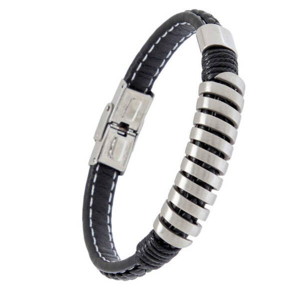 Siyah Deri - Çelik Erkek Bileklik - E1BLK0410444-U0P - 2