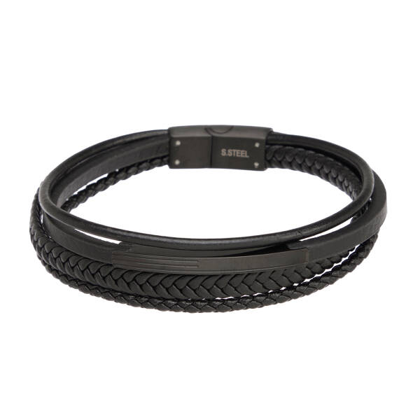 Siyah Deri - Çelik Erkek Bileklik - E1BLK0410490-P1Q - 1