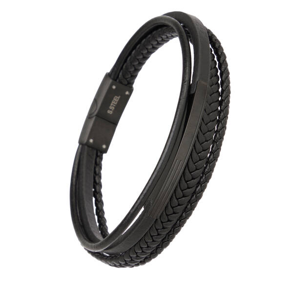 Siyah Deri - Çelik Erkek Bileklik - E1BLK0410490-P1Q - 2