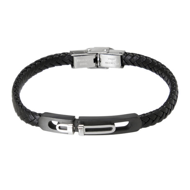 Siyah Deri - Çelik Erkek Bileklik - E1BLK0410497-P1Q 