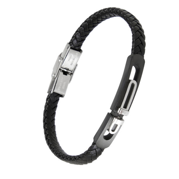 Siyah Deri - Çelik Erkek Bileklik - E1BLK0410497-P1Q - 2