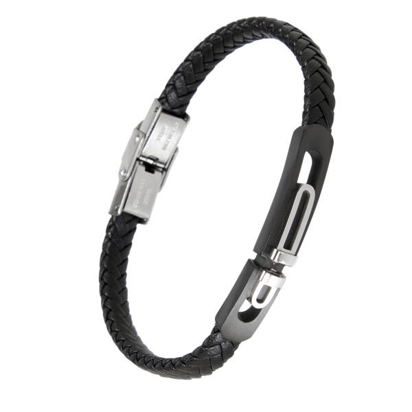 Siyah Deri - Çelik Erkek Bileklik - E1BLK0410497-P1Q - 2