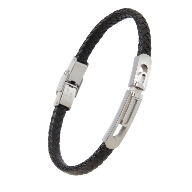 Siyah Deri - Çelik Erkek Bileklik - E1BLK0410497-U0P - 2