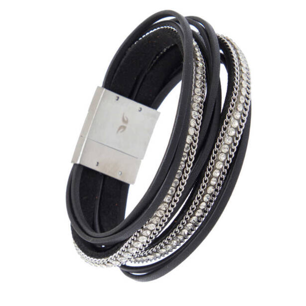 Siyah Deri - Çelik Kadın Bileklik - K1BLK0450272-D62 - 2