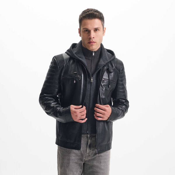 Siyah Deri Erkek Deri Biker Mont - E24KDM310588-Q3H - 1