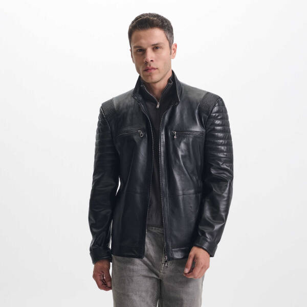 Siyah Deri Erkek Deri Biker Mont - E24KDM310588-Q3H - 3