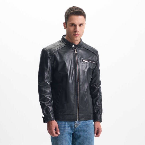 Siyah Deri Erkek Deri Mont - E24KDM310573-Q3H - Tergan Four Season