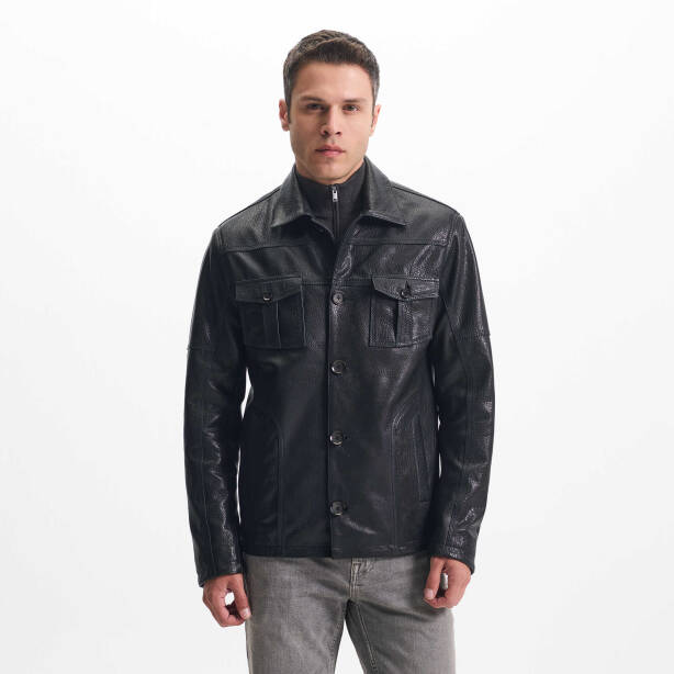 Siyah Deri Erkek Deri Mont - E24KDM310585-Q4O - 2