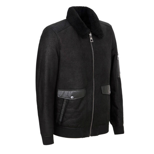 Siyah Deri Erkek Deri Mont - E24KKM310597-C59 - Tergan Four Season