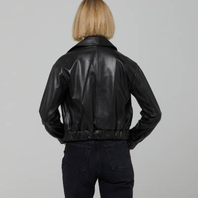 Siyah Deri Kadın Deri Biker Mont - K22IDM320232-Q3H - 3