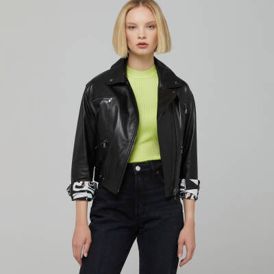 Siyah Deri Kadın Deri Biker Mont - K22IDM320232-Q3H - 4