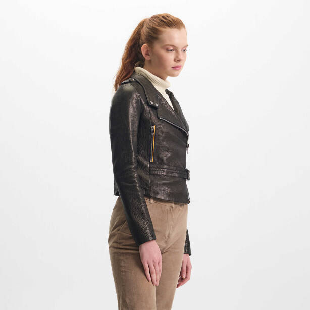 Siyah Deri Kadın Deri Biker Mont - K22KDM320296-R50 - Tergan