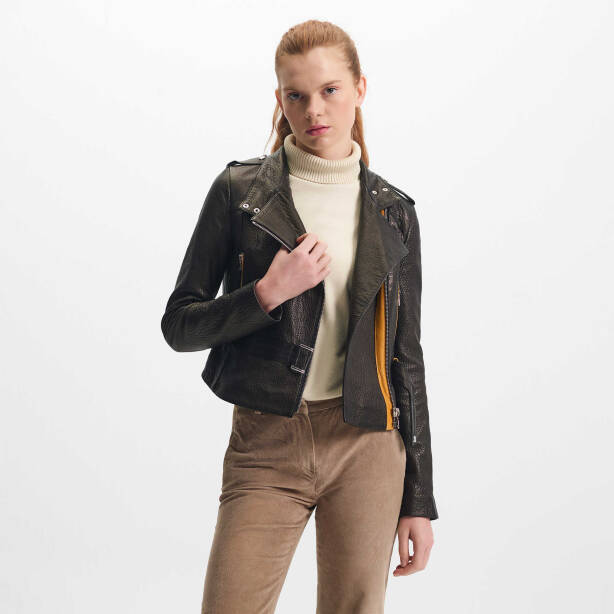 Siyah Deri Kadın Deri Biker Mont - K22KDM320296-R50 - Tergan