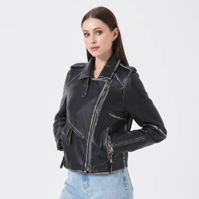 Siyah Deri Kadın Deri Biker Mont - K23KDM320402-Q3H - 2
