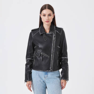 Siyah Deri Kadın Deri Biker Mont - K23KDM320402-Q3H - 4