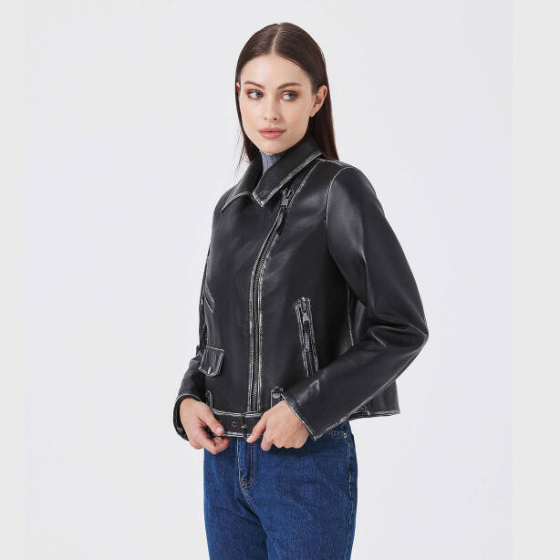Siyah Deri Kadın Deri Biker Mont - K23KDM320406-Q3H - 3