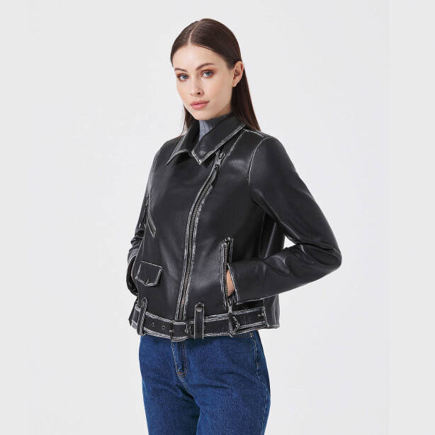 Siyah Deri Kadın Deri Biker Mont - K23KDM320406-Q3H - 5