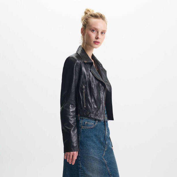 Siyah Hakiki Deri Kadın Deri Biker Mont - K24IDM320435-Q3H - 2