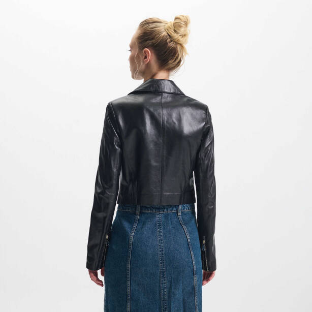 Siyah Hakiki Deri Kadın Deri Biker Mont - K24IDM320435-Q3H - 4