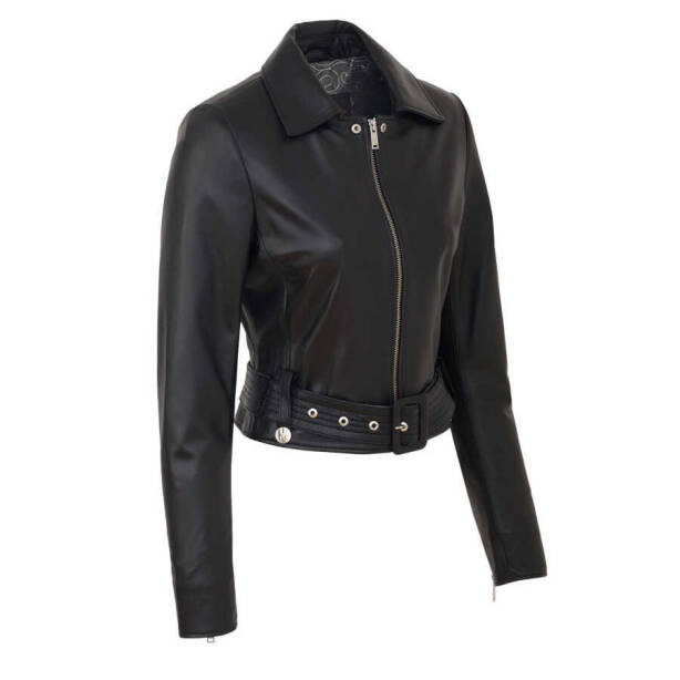 Siyah Hakiki Deri Kadın Deri Biker Mont - K24IDM320440-Q3H - 2