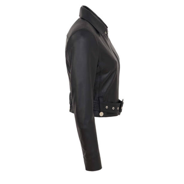 Siyah Hakiki Deri Kadın Deri Biker Mont - K24IDM320440-Q3H - 3