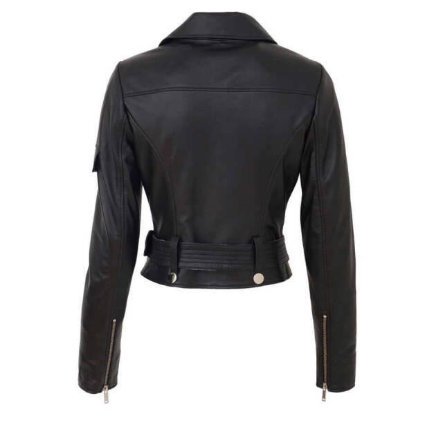 Siyah Hakiki Deri Kadın Deri Biker Mont - K24IDM320440-Q3H - 4