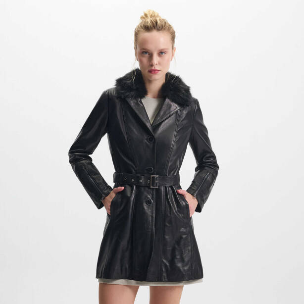 Siyah Hakiki Deri Kadın Deri Trençkot - K24KDM320442-Q3H - 1