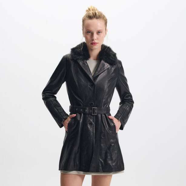 Siyah Hakiki Deri Kadın Deri Trençkot - K25KDM320476-Q3H 