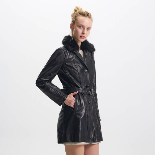 Siyah Hakiki Deri Kadın Deri Trençkot - K25KDM320476-Q3H - Tergan Four Season