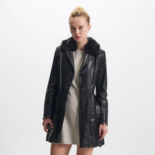 Siyah Hakiki Deri Kadın Deri Trençkot - K25KDM320476-Q3H - 3