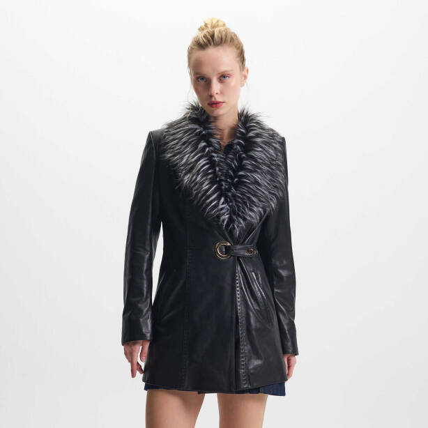 Siyah Hakiki Deri Kadın Kürk Mont - K24KDM320464-Q3H - 1