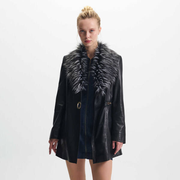 Siyah Hakiki Deri Kadın Kürk Mont - K24KDM320464-Q3H - 2