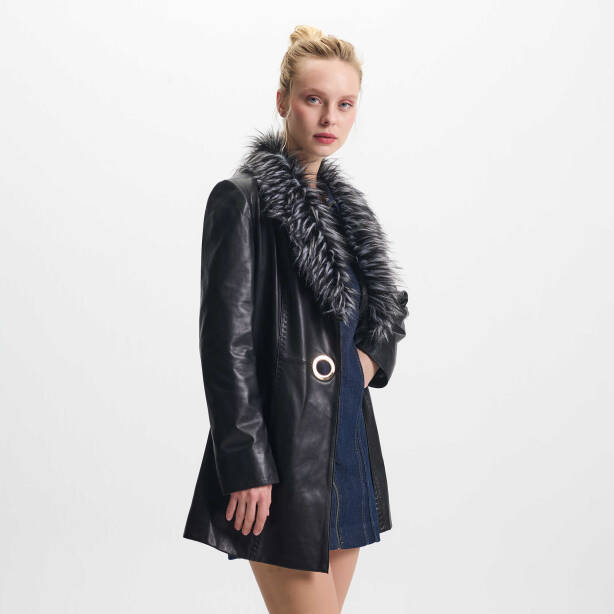 Siyah Hakiki Deri Kadın Kürk Mont - K24KDM320464-Q3H - 3