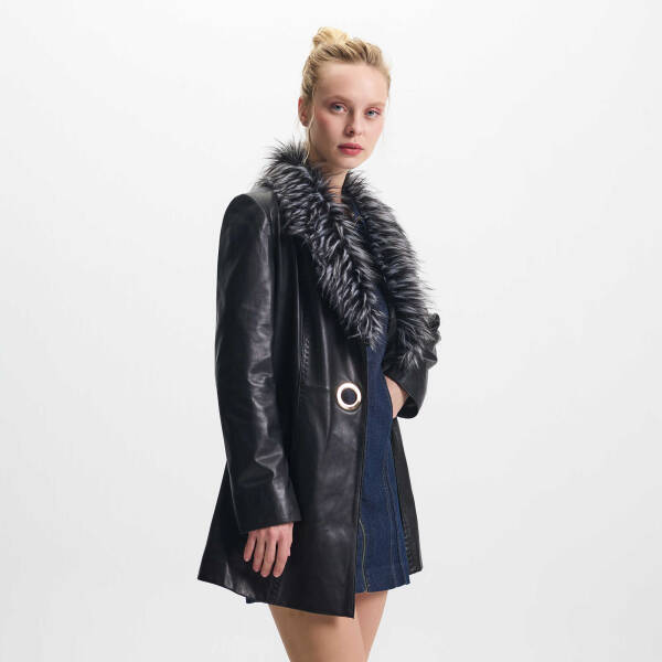 Siyah Hakiki Deri Kadın Kürk Mont - K24KDM320464-Q3H - 3