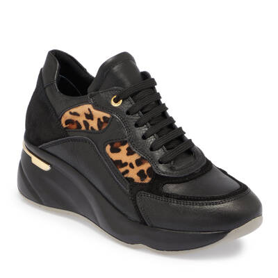 Siyah Deri Leopar Kadın Sneaker - K24S1AY67725-A23 