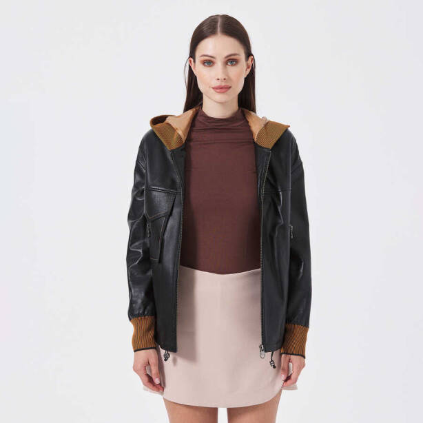 Siyah Deri - Tekstil Kadın Deri Mont - K23KDM320390-Q3H - 2