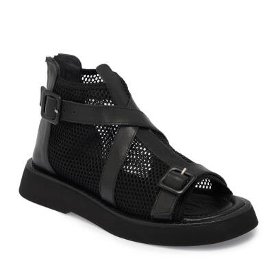 Siyah Deri - Tekstil Kadın Sandalet - K24Y1SN67109-A23 