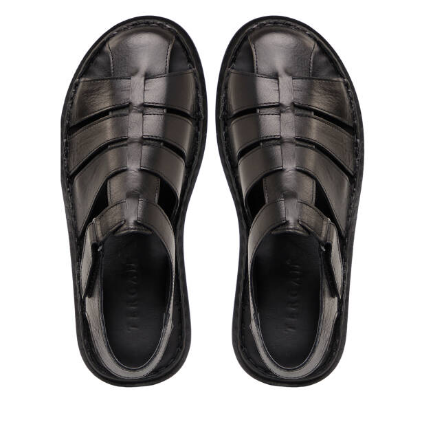 Siyah Hakiki Deri Erkek Sandalet - E26Y1SN57608-A23 - Tergan